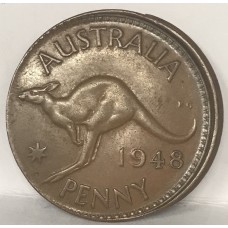 AUSTRALIA 1948 . ONE 1 PENNY . ERROR . HUGE LIP OFF CENTRE MIS-STRIKE